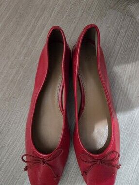 NEW H&M Red Ballet Flats Bow Square Toe Low Heel Sz 38 US 7.5